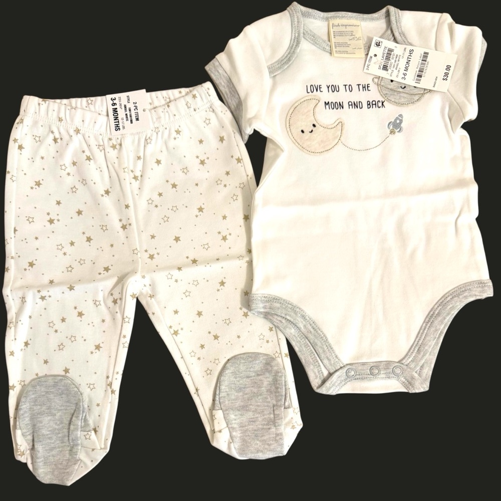 First Impressions 3-6 Months 2 Pieces Embroidered Bodysuit and Print Pants Set🥰